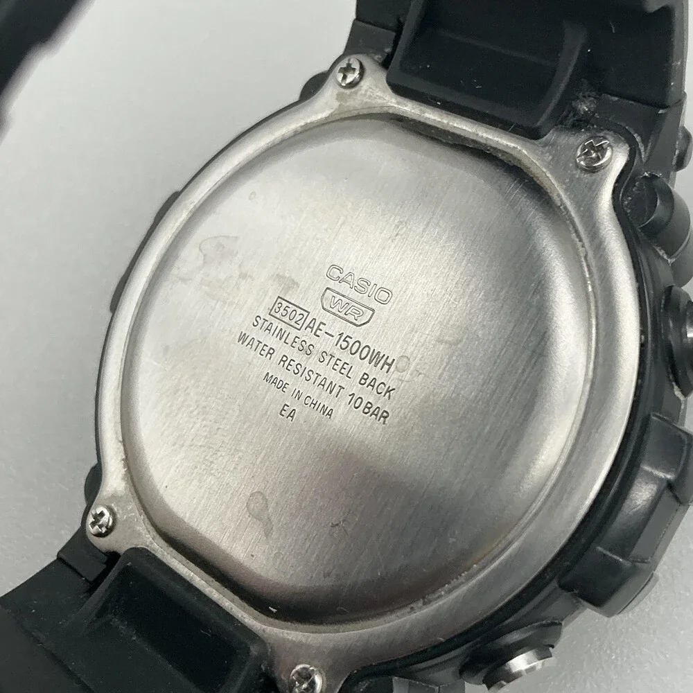 Casio AE-1500WH Mens Watch 51mm Silver Tone Digital Black Alarm New Battery